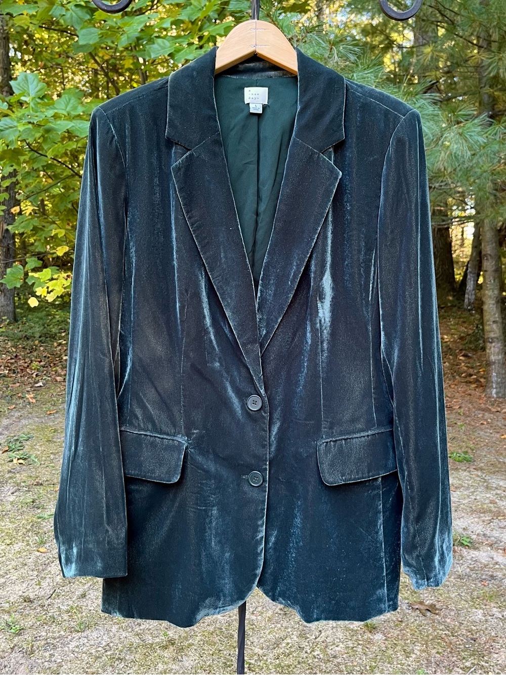 2024 A New Day Recycled Poly Teal Velvet Double Button Blazer Jacket Size L Glam